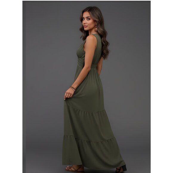Boho V-Neck Pleated Waist Dress Army Green - Picture 2 of 8